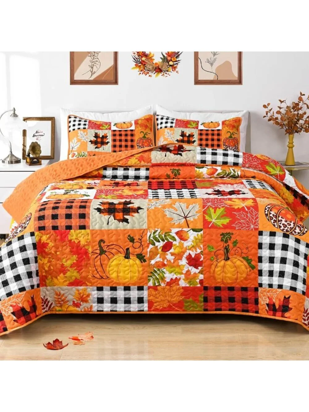 Cozy Fall Patchwork Quilt Bedding Set - Queen Size for Thanksgiving Decor